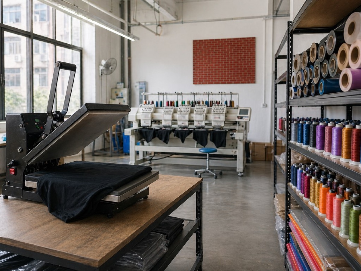 Heat press and embroidery stations in the JINDOYO print room