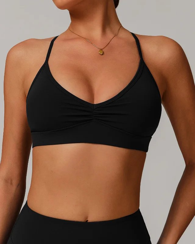 V-Neck Ruched Crisscross Back Quick Dry Sports Bra