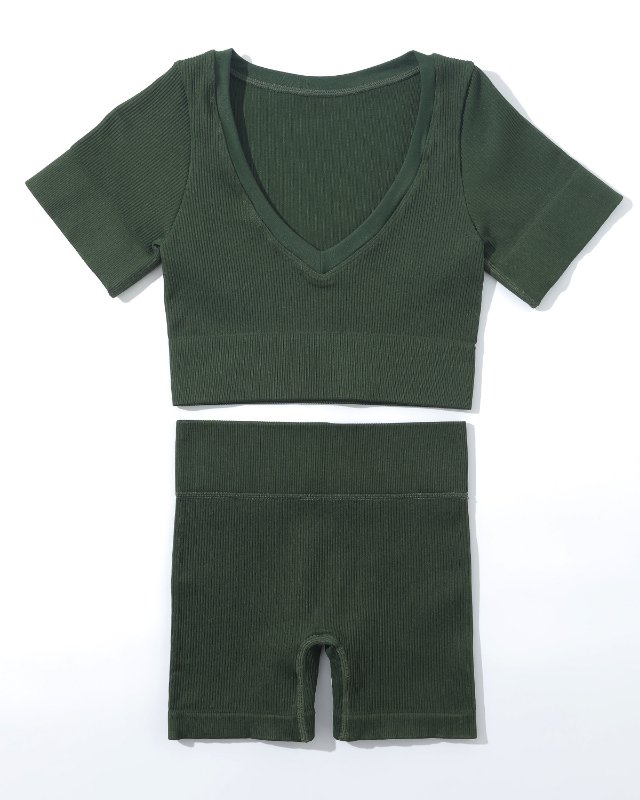 Seamless Ribbed Short Sleeve Shorts Yoga Set