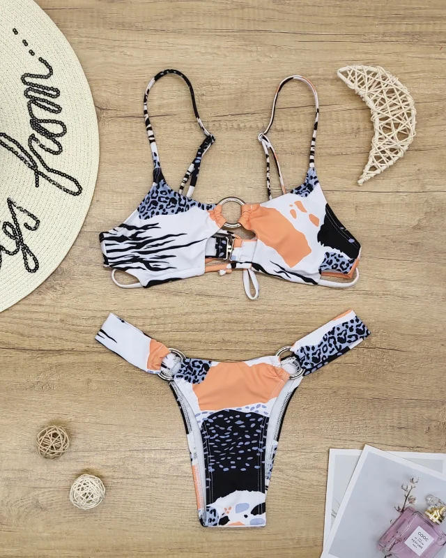 Ring Cutout Printed Split Bikini Swimwear