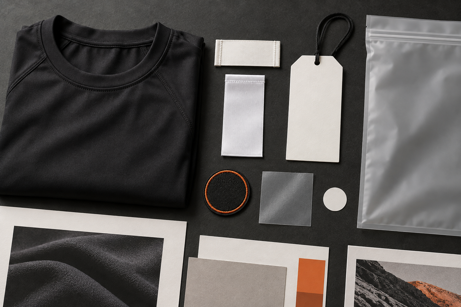 Private label activewear branding components including labels, hang tag and garment bag