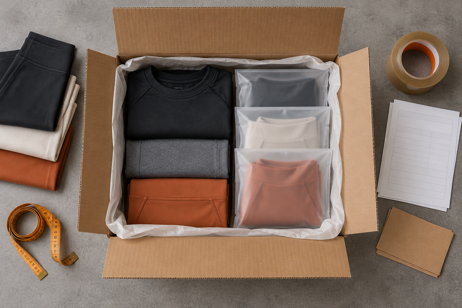 Activewear carton packing preparation with individual bags and packing documents