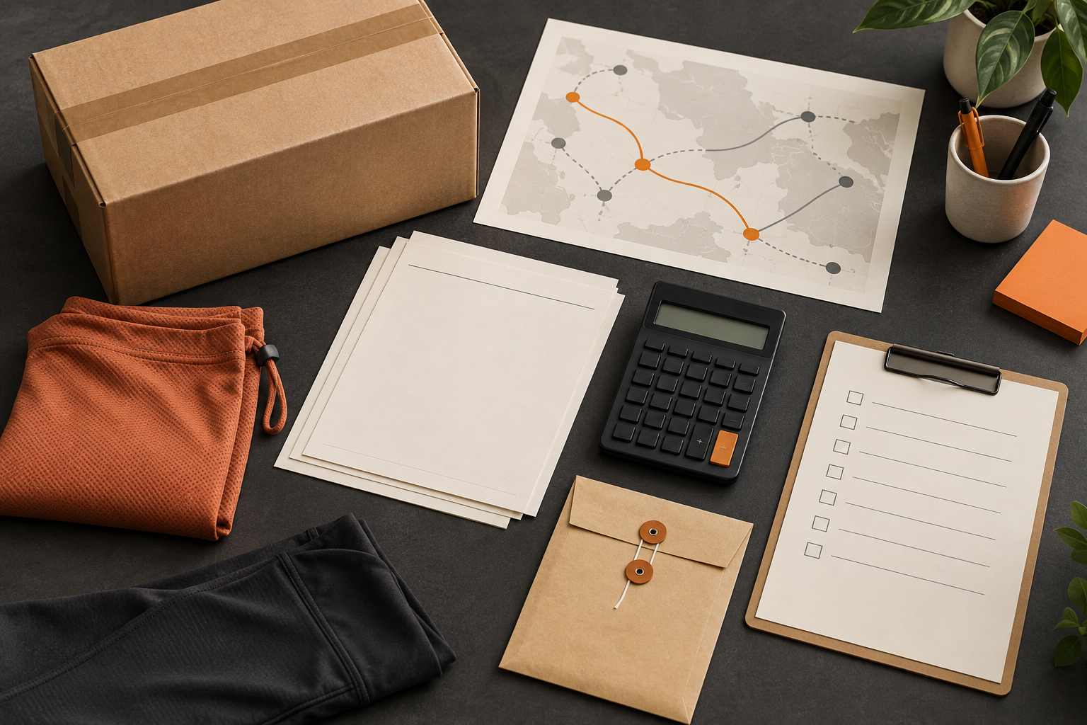 Activewear shipment planning with carton, documents and route map